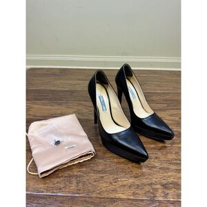 PRADA Black Leather Platform Pointed Toe Stiletto Heels, Sz 37.5